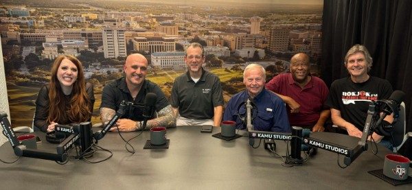 Roger Garrett (right, in a RokJok.FM shirt) with a panel at KAMU Studios